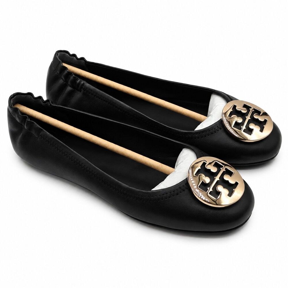 Tory Burch Minnie Travel Ballet Flats Women's 8 Black Gold Nappa Leather 50393 - Picture 3 of 7